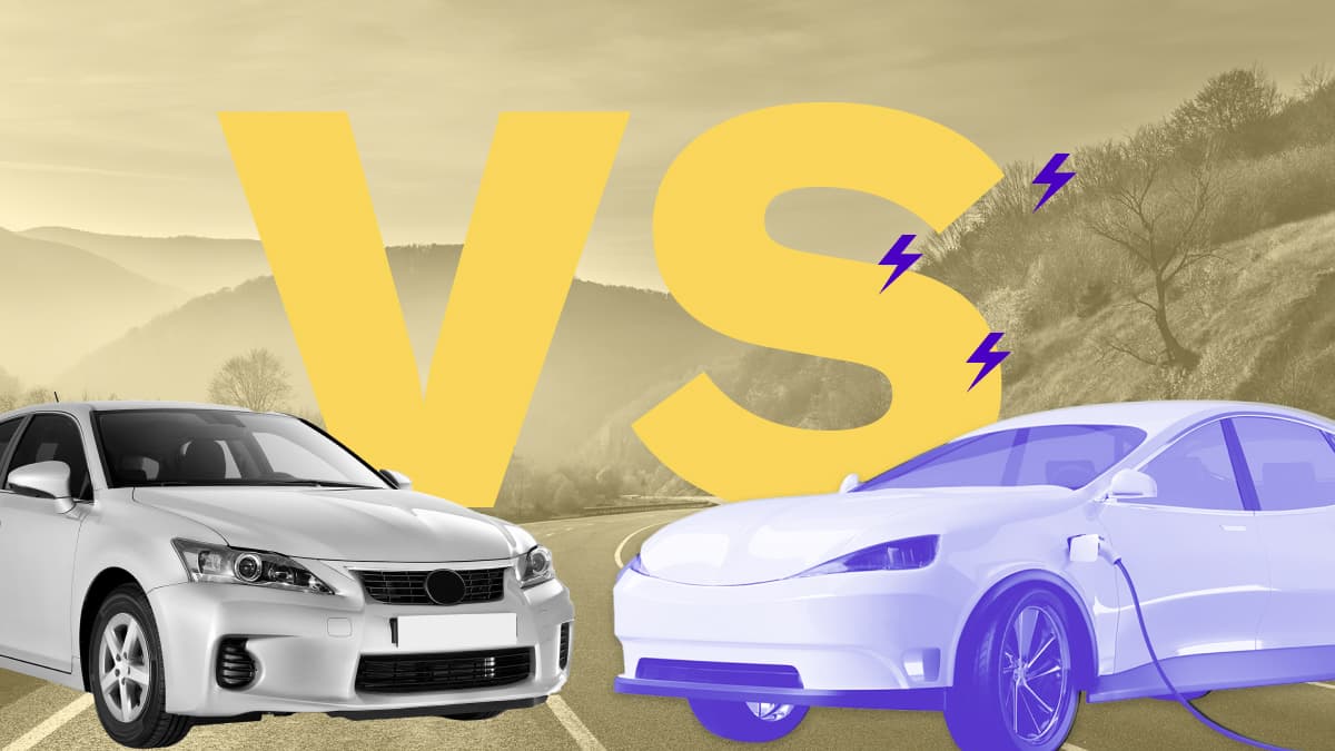 Image of a gas vehicle in black and white and an electric vehicle in purple and white, large "vs" behind them ontop of a background featuring a winding road and mountains