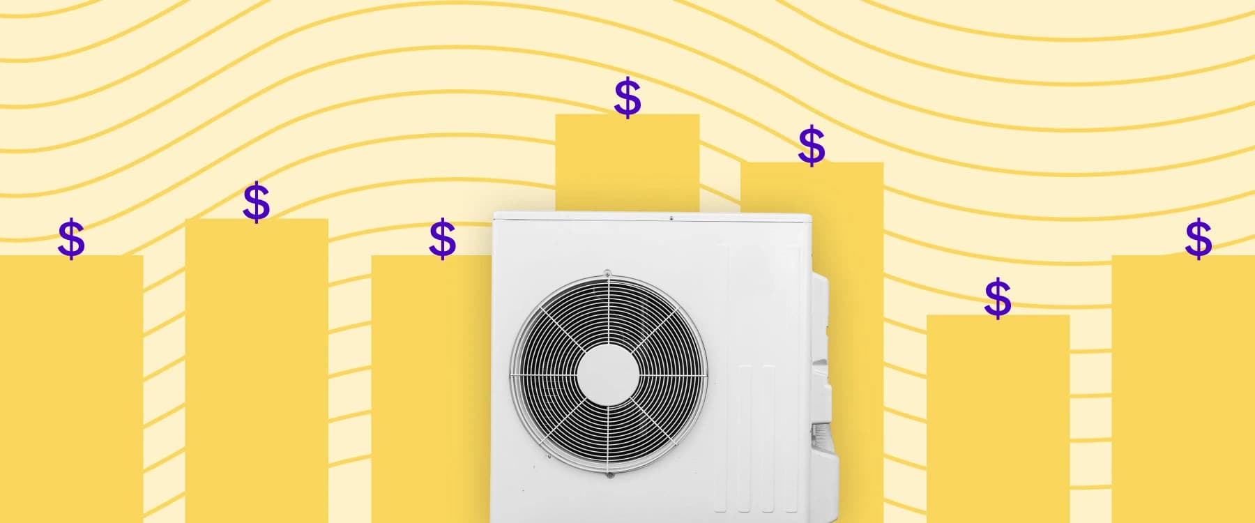 Heat pump in front of a yellow bar graph with purple dollar signs at the top of each bar. There is a pattern of wavy yellow lines in the background.