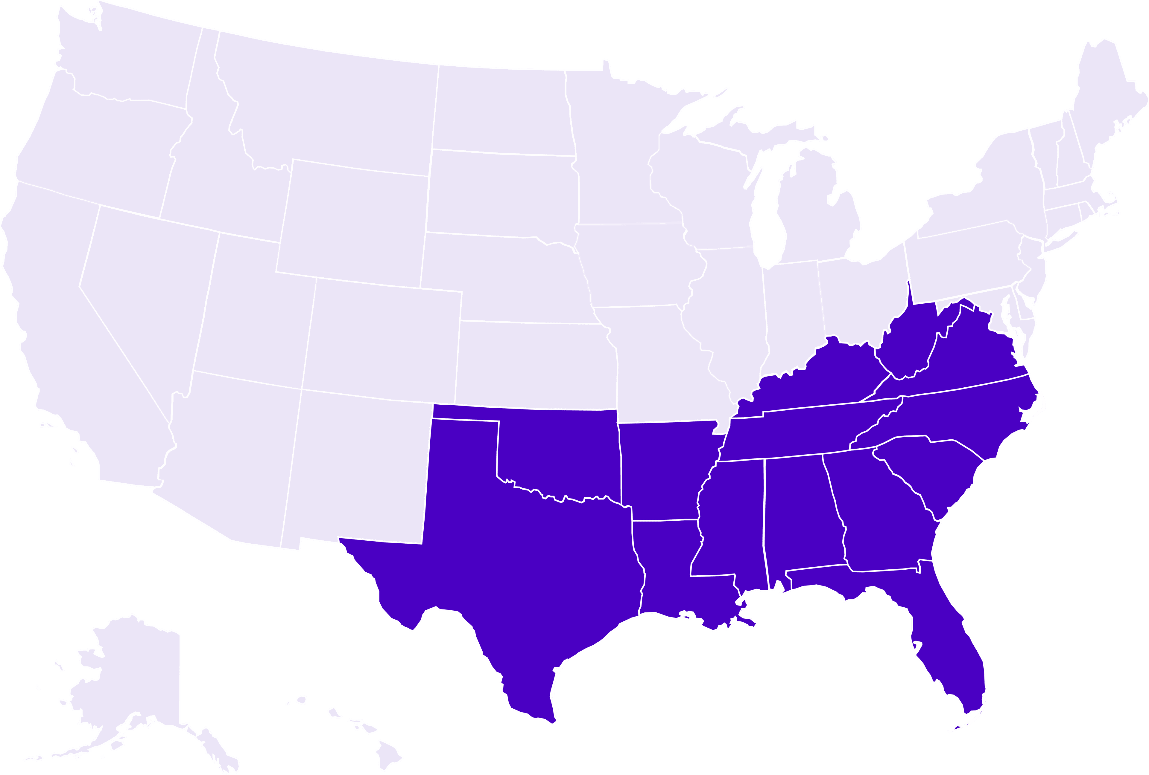 Map of the United Stated South/Mid-Atlantic