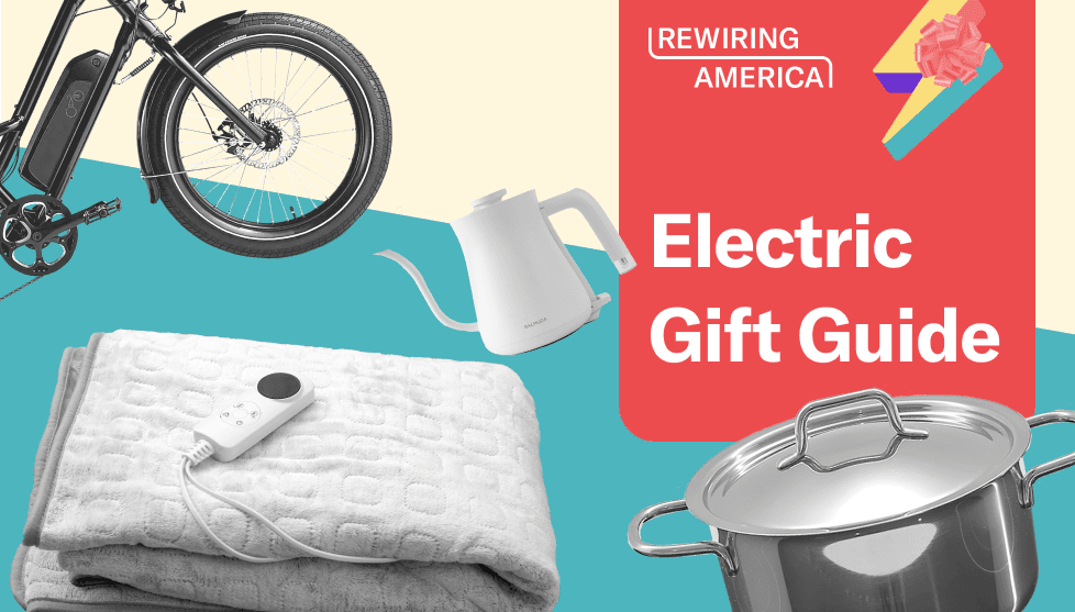 Black and white illustrations of an e-bike, electric blanket, electric tea kettle, and steel pot