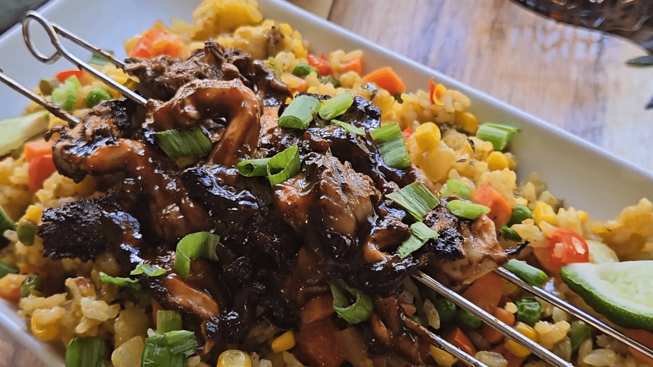 Plantain fried rice with pan-grilled BBQ jerk mushrooms by Alethea Todaro